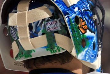 DETROIT - OCTOBER 16:  Goalie Roberto Luongo #1 of the Vancouver Canucks displays the 'hockey fights cancer' logo on the back of his helmet during a NHL game on October 16, 2008 at Joe Louis Arena in Detroit, Michigan.  (Photo by Dave Reginek/NHLI via Getty Images)