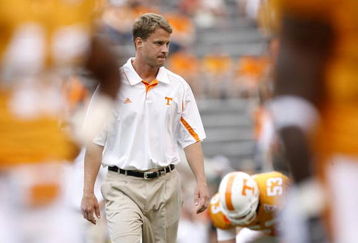 KNOXVILLE, TN - SEPTEMBER 12: Lane Kiffin, head coach of the Tennessee Volunteers watches his team before a game against the UCLA Bruins on September 12, 2009 at Neyland Stadium in Knoxville, Tennessee. UCLA beat Tennessee 19-15. (Photo by Joe Murphy/Getty Images)