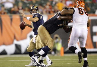 CINCINNATI, OH - AUGUST 27:  Quarterback Brock Berlin #13 of the St. Louis Rams looks for an open receiver during the preseason game against the Cincinnati Bengals at Paul Brown Stadium on August 27, 2009 in Cincinnati, Ohio. (Photo by Andy Lyons/Getty Images)