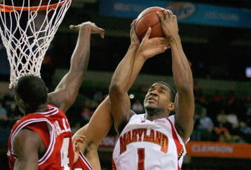 ATLANTA - MARCH 12:  Landon Milbourne #1 of the Maryland Terrapins puts a shot up against the North Carolina State Wolfpack during day one of the 2009 ACC Men's Basketball Tournament on March 12, 2009 at the Georgia Dome in Atlanta, Georgia.  (Photo by Kevin C. Cox/Getty Images)