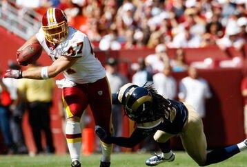 LANDOVER, MD - SEPTEMBER 20:  Chris Cooley #47 of the Washington Redskins carries the ball upfield as Jonathan Wade #20 of the St. Louis Rams makes the tackle during their game on September 20, 2009 at FedEx Field in Landover, Maryland.  (Photo by Win McNamee/Getty Images)