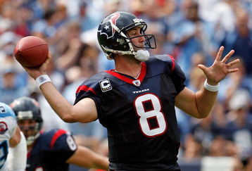 NASHVILLE, TN - SEPTEMBER 20:  Matt Schaub #8 of the Houston Texans throws a pass against the Tennessee Titans during the NFL game at LP Field on September 20, 2009 in Nashville, Tennessee. The Texans won 34-31.  (Photo by Andy Lyons/Getty Images)