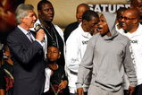 LAS VEGAS - SEPTEMBER 18:  (L-R) Boxing announcer Michael Buffer, Koraun Mayweather, boxer Floyd Mayweather Jr.   and his advisor Leonard Ellerbe attend the official weigh-in for Mayweather's fight against against Juan Manuel Marquez at the MGM Grand Garden Arena September 18, 2009 in Las Vegas, Nevada. The two will fight at the MGM on September 19.  (Photo by Ethan Miller/Getty Images)