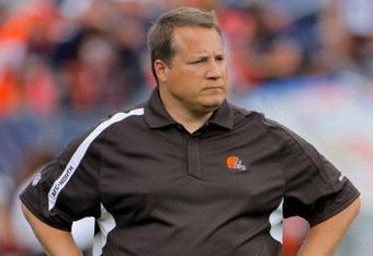 DENVER - SEPTEMBER 20:  Head coach Eric Mangini of the Cleveland Browns oversees warm ups prior to facing the Denver Broncos during NFL action at Invesco Field at Mile High on September 20, 2009 in Denver, Colorado.  (Photo by Doug Pensinger/Getty Images)