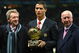 MANCHESTER, UNITED KINGDOM - DECEMBER 10:  Cristiano Ronaldo (C) of Manchester United receives the Ballon d'or as the European Footballer of the Year flanked by previous winners Denis Law (L) and Bobby Charlton before the UEFA Champions League Group E match between Manchester United and Aalborg at Old Trafford on December 10, 2008 in Manchester, England.  (Photo by Alex Livesey/Getty Images)