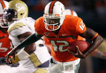 FORT LAUDERDALE, FL - SEPTEMBER 17:  Quarterback Jacory Harris #12 of the Miami Hurricanes is brought down by defensive tackle Logan Walls #96 of the Georgia Tech Yellow Jackets at Land Shark Stadium on September 17, 2009 in Fort Lauderdale, Florida. Miami defeated Georgia Tech 33-17.  (Photo by Doug Benc/Getty Images)