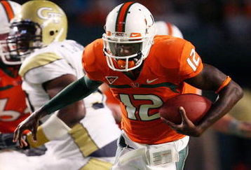 FORT LAUDERDALE, FL - SEPTEMBER 17:  Quarterback Jacory Harris #12 of the Miami Hurricanes is brought down by defensive tackle Logan Walls #96 of the Georgia Tech Yellow Jackets at Land Shark Stadium on September 17, 2009 in Fort Lauderdale, Florida. Miami defeated Georgia Tech 33-17.  (Photo by Doug Benc/Getty Images)