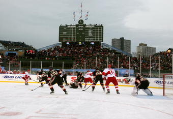 CHICAGO - JANUARY 01:  The Chicago Blackhawks play against the Detroit Red Wings during the NHL Winter Classic at Wrigley Field on January 1, 2009 in Chicago, Illinois.  (Photo by Jonathan Daniel/Getty Images)
