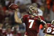 TALLAHASSEE, FL - SEPTEMBER 07:  Quarterback Christian Ponder #7 of the Florida State Seminoles throws a pass against the Miami Hurricanes at Doak Campbell Stadium on September 7, 2009 in Tallahassee, Florida.  (Photo by Doug Benc/Getty Images)