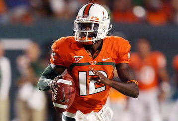 FORT LAUDERDALE, FL - SEPTEMBER 17: Quarterback Jacory Harris #12 of the Miami Hurricanes scrambles against the Georgia Tech Yellow Jackets at Land Shark Stadium on September 17, 2009 in Fort Lauderdale, Florida.  (Photo by Doug Benc/Getty Images)