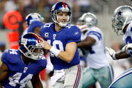 ARLINGTON, TX - SEPTEMBER 20: Quarterback Eli Manning #10 of the New York Giants drops back to pass against the Dallas Cowboys at Cowboys Stadium on September 20, 2009 in Arlington, Texas. (Photo by Ronald Martinez/Getty Images)
