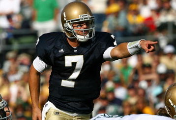SOUTH BEND, IN - SEPTEMBER 19: Jimmy Clausen #7 of the Notre Dame Fighting Irish points out a defensive alingnment against the Michigan State Spartans on September 19, 2009 at Notre Dame Stadium in South Bend, Indiana. Notre Dame defeated Michigan State 33-30. (Photo by Jonathan Daniel/Getty Images)