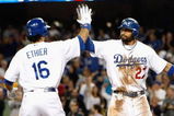 LOS ANGELES, CA - SEPTEMBER 14:  Andre Ethier #16 and Matt Kemp #27 of the Los Angeles Dodgers exchange high fives following Ethier's two-run home run in the fifth inning against the Pittsburgh Pirates at Dodger Stadium on September 14, 2009 in Los Angeles, California.  (Photo by Jeff Gross/Getty Images)