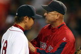 BOSTON - SEPTEMBER 15:  Manager Terry Francona #47 of the Boston Red Sox pulls Daisuke Matsuzaka #18 from the game in the seventh inning against the Los Angeles Angels of Anaheim on September 15, 2009 at Fenway Park in Boston, Massachusetts. The Red Sox defeated the Rays 3-1.  (Photo by Elsa/Getty Images)