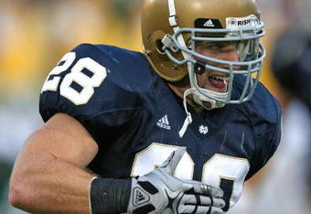 SOUTH BEND, IN - SETPEMBER 19: Kyle McCarthy #28 of the Notre Dame Fighting Irish celebrates his interception in the final minute and a half of play against the Michigan State Spartans on September 19, 2009 at Notre Dame Stadium in South Bend, Indiana. Notre Dame defeated Michigan State 33-30. (Photo by Jonathan Daniel/Getty Images)