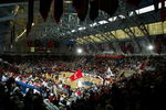 PHILADELPHIA - FEBRUARY 21:  General view as fans file into their seats prior to the #2 Saint Joseph's University Hawks 76-53 defeat of the Temple University Owls during Atlantic 10 basketball action on February 21, 2004 at The Palestra in Philadelphia, Pennsylvania. (Photo by Doug Pensinger/Getty Images)