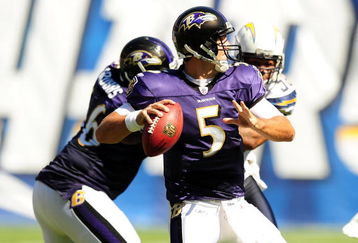 SAN DIEGO - SEPTEMBER 20:  Joe Flacco #5 of the Baltimore Ravens throws the ball to teamate during  the game against the San Diego Chargers at Qualcomm Stadium on September 20, 2009 in San Diego, California.  (Photo by Jacob de Golish/Getty Images)