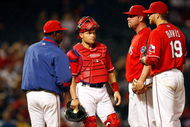 ARLINGTON, TX - SEPTEMBER 12:  (L-R) Manager Ron Washington, Ivan Rodriguez #7, Kevin Millwood #33 and Chris Davis #19 of the Texas Rangers on September 12, 2009 at the Ballpark in Arlington, Texas.  (Photo by Ronald Martinez/Getty Images)