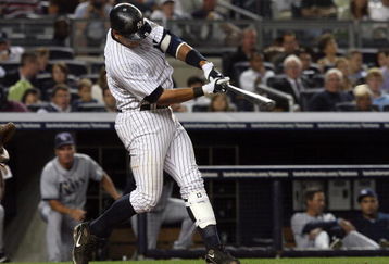 NEW YORK - SEPTEMBER 08:  Alex Rodriguez #13 of the New York Yankees connects for a sixth-inning RBI single against the Tampa Bay Rays on September 8, 2009 at Yankee Stadium in the Bronx borough of New York City.  (Photo by Jim McIsaac/Getty Images)