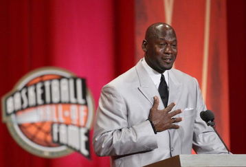 SPRINGFIELD, MA - SEPTEMBER 11: Michael Jordan reacts during his induction into the Naismith Memorial Basketball Hall of Fame on September 11, 2009 in Springfield, Massachusetts. NOTE TO USER: User expressly acknowledges and agrees that, by downloading and or using this Photograph, user is consenting to the terms and conditions of the Getty Images License Agreement.(Photo by Jim Rogash/Getty Images)