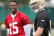 SANTA CLARA, CA - MAY 01: Michael Crabtree #15 of the San Francisco 49ers looks on during practice as quaterback Alex Smith #11 practices during the 49ers Minicamp at their training facilities on May 1, 2009 in Santa Clara, California. Crabtree was the 49ers first round draft pick. (Photo by Jed Jacobsohn/Getty Images)