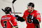 CALGARY, AB - APRIL 22: Jarome Iginla #12 and Dion Phaneuf #3 of the Calgary Flames celebrate Iginla's empty net goal to seal the win against the Chicago Blackhawks in Game Four of the Western Conference Quarterfinals of the 2009 Stanley Cup Playoffs on April 22, 2009 at the Pengrowth Saddledome in Calgary, Alberta, Canada. (Photo by Mike Ridewood/Getty Images)