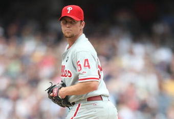 NEW YORK - MAY 24:  Brad Lidge #54 of the Philadelphia Phillies pitches  against the New York Yankees on May 24, 2009 at Yankee Stadium in the Bronx borough of New York City.  (Photo by Nick Laham/Getty Images)