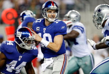 ARLINGTON, TX - SEPTEMBER 20:  Quarterback Eli Manning #10 of the New York Giants drops back to pass against the Dallas Cowboys at Cowboys Stadium on September 20, 2009 in Arlington, Texas.  (Photo by Ronald Martinez/Getty Images)