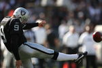 OAKLAND, CA - NOVEMBER 02: Shane Lechler #9 of the Oakland Raiders punts against the Atlanta Falcons during an NFL game on November 2, 2008 at the Oakland-Alameda County Coliseum in Oakland, California.  (Photo by Jed Jacobsohn/Getty Images)