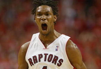 TORONTO,ON - APRIL 24:  Chris Bosh #4 of the Toronto Raptors celebrates another basket against the Orlando Magic in game 3 of the Eastern Conference quarterfinals on April 24, 2008 at the Air Canada Centre in Toronto, Ontario. (Photo by Claus Andersen/Getty Images)