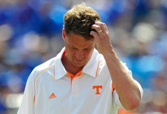 GAINESVILLE, FL - SEPTEMBER 19:  Head coach Lane Kiffin of the Tennessee Volunteers watches the action prior to the game against the Florida Gators at Ben Hill Griffin Stadium on September 19, 2009 in Gainesville, Florida.  (Photo by Sam Greenwood/Getty Images)