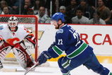 VANCOUVER, CANADA - MARCH 30:  Daniel Sedin #22 of the Vancouver Canucks is seen in position against  goalie Miikka Kiprusoff #34 of the Calgary Flames during the game at General Motors Place on March 30, 2008, in Vancouver, Canada.   (Photo by Kim Stallknecht/Getty Images)  