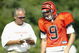 GEORGETOWN, KY - JULY 28: Quarterback Carson Palmer #9 and offensive coordinator Bob Bratkowski of the Cincinnati Bengals talk during training camp at Georgetown College on July 28, 2003 in Georgetown, Kentucky. (Photo by Andy Lyons/Getty Images)