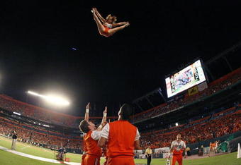 FORT LAUDERDALE, FL - SEPTEMBER 17:  Hurricane cheerleaders perform as the Miami Hurricanes take on the Georgia Tech Yellow Jackets at Land Shark Stadium on September 17, 2009 in Fort Lauderdale, Florida. Miami defeated Georgia Tech 33-17.  (Photo by Doug Benc/Getty Images)