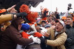 CLEVELAND - DECEMBER 15:  Wide receiver Quincy Morgan #81 of the Cleveland Browns celebrates his touchdown with the Dawg Pound during the game against the Indianapolis Colts at Cleveland Browns Stadium on December 15, 2002 in Cleveland, Ohio. The Colts won the game 28-23. (Photo by Tom Pidgeon/Getty Images)