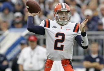 STATE COLLEGE, PA - SEPTEMBER 12: Quarterback Greg Paulus #2 of the Syracuse Orangemen throws a pass during the second half against the Penn State Nittany Lions at Beaver Stadium  September 12, 2009 in State College, Pennsylvania. Penn State won 28-7. (Photo by Chris Gardner/Getty Images)