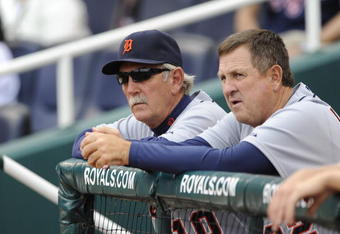 KANSAS CITY, MO - APRIL 26:  Manager Jim Leyland #10 and Gene Lamont #22 of the Detroit Tigers look on from the dugout during a game against the Kansas City Royals on April 26, 2009 at Kauffman Stadium in Kansas City, Missouri. (Photo by G. Newman Lowrance/Getty Images)
