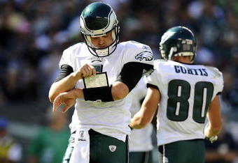 PHILADELPHIA - SEPTEMBER 20:  Kevin Kolb #4 of the Philadelphia Eagles looks at a play during a game against the New Orleans Saints at Lincoln Financial Field on September 20, 2009 in Philadelphia, Pennsylvania.  (Photo by Jeff Zelevansky/Getty Images)