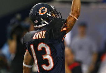 CHICAGO - SEPTEMBER 20: Johnny Knox #13 of the Chicago Bears celebrates a touchdown catch against the Pittsburgh Steelers on September 20, 2009 at Soldier Field in Chicago, Illinois. The Bears defeated the Steelers 17-14. (Photo by Jonathan Daniel/Getty Images)