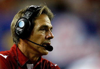 ATLANTA - SEPTEMBER 05:  Head coach Nick Saban of the Alabama Crimson Tide looks on against the Virginia Tech Hokies during the Chick-fil-A Kickoff Game at Georgia Dome on September 5, 2009 in Atlanta, Georgia.  (Photo by Kevin C. Cox/Getty Images)