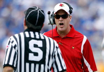 LEXINGTON, KY - SEPTEMBER 19:  Steve Kragthorpe the Head Coach of the Louisville Cardinals gives an offical his opinion during the game against the Kentucky Wildcats at Commonwealth Stadium on September 19, 2009 in Lexington, Kentucky.  (Photo by Andy Lyons/Getty Images)