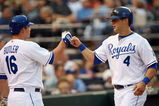 KANSAS CITY, MO - MAY 28:  Billy Butler #16 of the Kansas City Royals congratulates Alex Gordon #4 after scoring against the Minnesota Twins at Kauffman Stadium May 22, 2008 in Kansas City, Missouri. (Photo by G. Newman Lowrance/Getty Images)