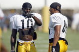 LATROBE, PA - AUGUST 8:  Santonio Holmes #10 and Hines Ward #86 of the Pittsburgh Steelers talk on the field during training camp at St. Vincent College on August 8, 2007 in Latrobe, PA. (Photo By Gregory Shamus/Getty Images)  