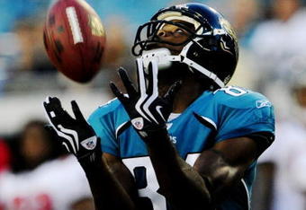 JACKSONVILLE, FL - AUGUST 22:  Troy Williamson #84 of the Jacksonville Jaguars catches a touchdown pass during the first quarter against the Tampa Bay Buccaneers at Jacksonville Municipal Stadium on August 22, 2009 in Jacksonville, Florida.  (Photo by Sam Greenwood/Getty Images)