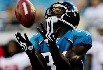 JACKSONVILLE, FL - AUGUST 22:  Troy Williamson #84 of the Jacksonville Jaguars catches a touchdown pass during the first quarter against the Tampa Bay Buccaneers at Jacksonville Municipal Stadium on August 22, 2009 in Jacksonville, Florida.  (Photo by Sam Greenwood/Getty Images)