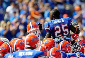 GAINESVILLE, FL - SEPTEMBER 19:  Brandon James #25 of the Florida Gators speaks to his teamates prior to the game against the Tennessee Volunteers at Ben Hill Griffin Stadium on September 19, 2009 in Gainesville, Florida.  (Photo by Sam Greenwood/Getty Images)