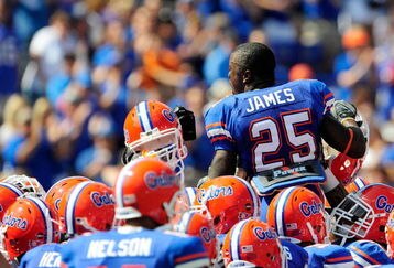 GAINESVILLE, FL - SEPTEMBER 19:  Brandon James #25 of the Florida Gators speaks to his teamates prior to the game against the Tennessee Volunteers at Ben Hill Griffin Stadium on September 19, 2009 in Gainesville, Florida.  (Photo by Sam Greenwood/Getty Images)