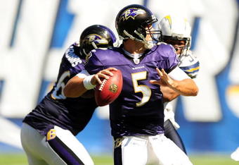 SAN DIEGO - SEPTEMBER 20:  Joe Flacco #5 of the Baltimore Ravens throws the ball to teamate during  the game against the San Diego Chargers at Qualcomm Stadium on September 20, 2009 in San Diego, California.  (Photo by Jacob de Golish/Getty Images)