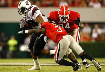 ATHENS, GA - SEPTEMBER 12:  Weslye Saunders #88 of the South Carolina Gamecocks against the Georgia Bulldogs at Sanford Stadium on September 12, 2009 in Athens, Georgia.  (Photo by Kevin C. Cox/Getty Images)