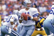 ANAHEIM, CA - JANUARY 4:  Quarterback Danny White #11 of the Dallas Cowboys looks to pass during a 1985 NFC Divisional Playoff game against the Los Angeles Rams at Anaheim Stadium on January 4, 1996 in Anaheim, California.  The Rams won 20-0.  (Photo by George Rose/Getty Images)